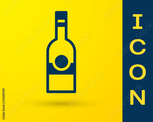 Blue Glass bottle of vodka icon isolated on yellow background. Vector.