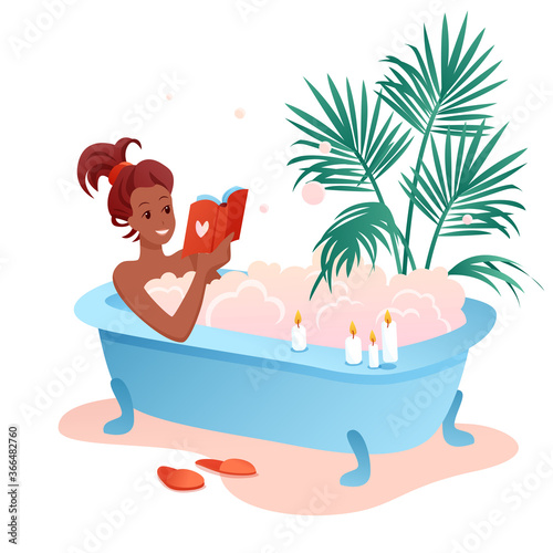 Enjoy bath time flat vector illustration. Cartoon young african woman character enjoying relaxing bubble foam bath, girl reading book in bathroom isolated on white