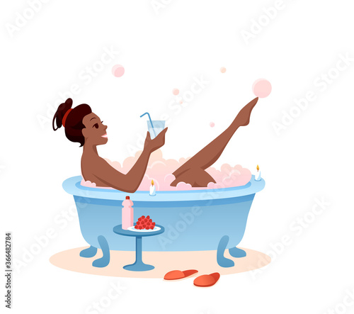 Enjoy bath time concept flat vector illustration. Cartoon young african woman character enjoying soap bubbles at bathtub, beautiful girl drinking cocktail in bathroom for relaxation isolated on white