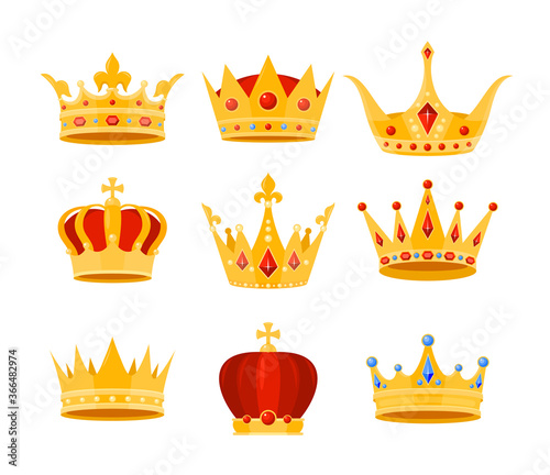Golden crown vector illustration set. Cartoon flat gold royal medieval collection of luxury monarch crowning jewel headdress for king, emperor or queen, monarchy imperial symbols isolated on white