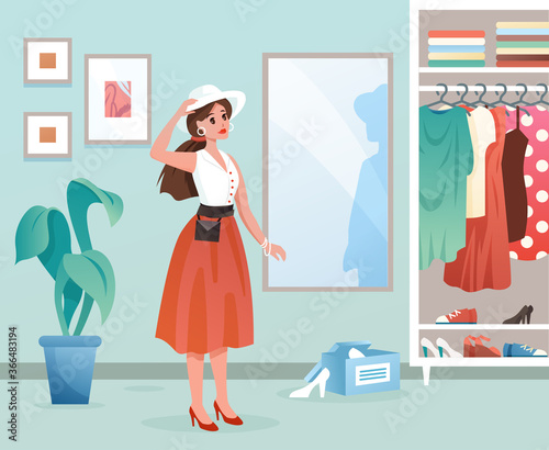 Fashion woman flat vector illustration. Cartoon young female character standing by mirror, lady dressing in fashionable dress clothes in dressroom interior background