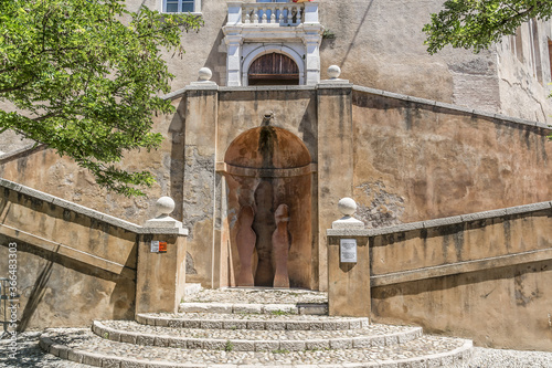 External view of Crenellated Chateau - Museum de Cagnes (built in 1310 by Grimaldi). Cagnes-sur-Mer (between Nice and Cannes) - commune of Alpes-Maritimes department, Cote d'Azur region, France.