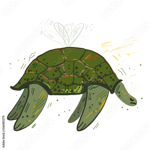 Illustration of a sad turtle in flight. Turtle with wings. Symbol of fluidity, wisdom and despondency