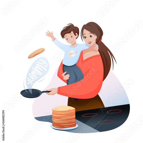 Mother time with son concept vector illustration. Cartoon flat pretty mom character making family breakfast food, cooking yummy pancakes, holding boy child in hands, happy motherhood isolated on white