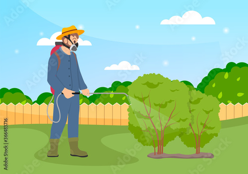 Spraying pesticide and insecticide. Processing of trees. Farmer exterminator in a protective suit holding sprayer fertilizer in hand spraying bushes. Chemical treatment of garden plants concept