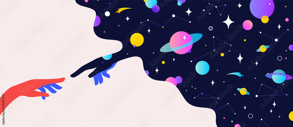 Two hands. The Creation of Adam. Design concept sign Creation of Adam. Silhouette hands of man and god, universe starry night dream background. Colorful contemporary art style. Vector Illustration