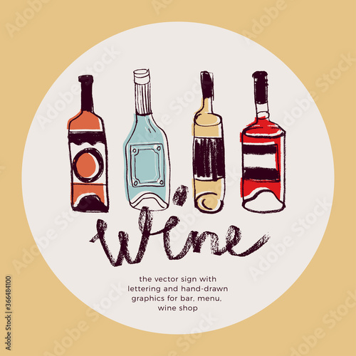 Wine shop vector logo design. Hand drawn wine emblem with bottle and wineglass illustration for homemade wine. Biodynamic wine culture icon, sign organic viticulture, winery insignia for wine label.