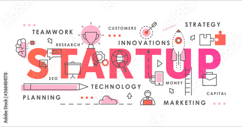Startup word abstract thin line vector illustration. Flat horizontal infographic innovation concept background with rocket launch start up, creative innovative symbols, starting of business new idea