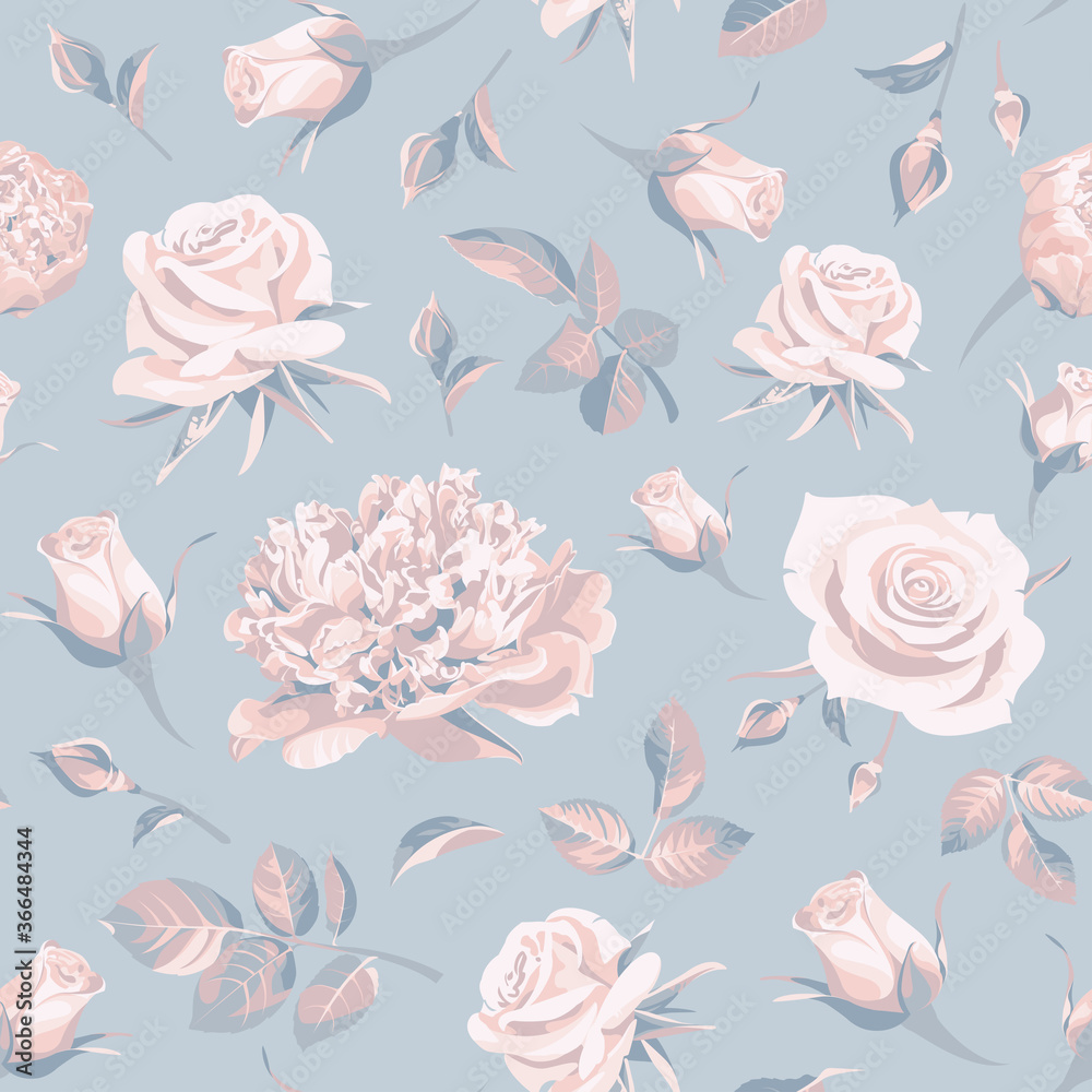 Seamless floral patterns with pink and blue roses on a blue background.