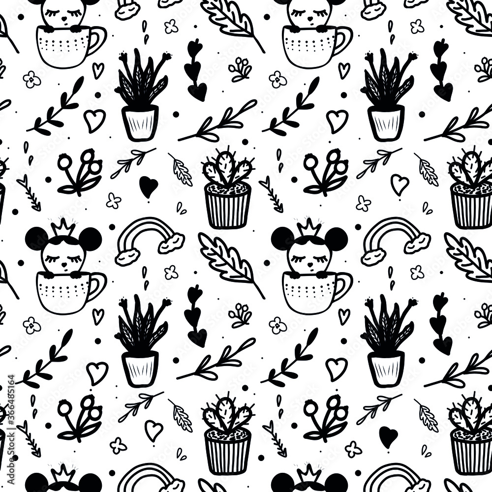Seamless pattern with plants, flowers and leaves, an animal in a pot, a сup. Vector illustration in a flat cartoon style Seamless pattern with plants, flowers and leaves, an animal in a pot, a сup. Vector illustration in a flat cartoon style