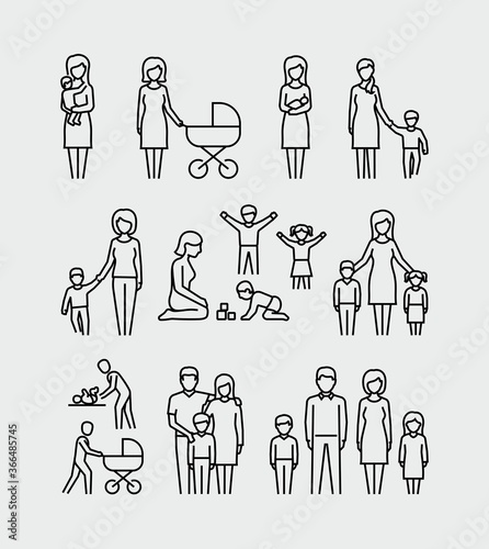 Mother and child, nanny watching baby, family vector icons set in thin line style