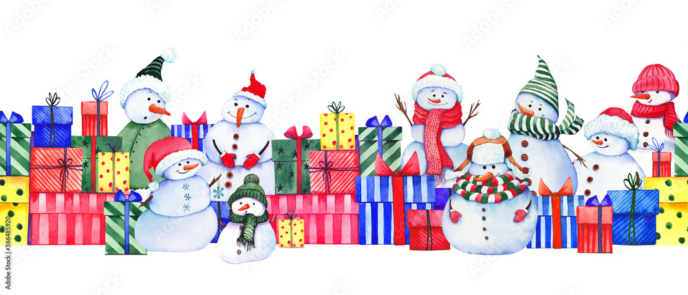 Seamless banner with funny snowmen and colorful gift boxes. Seamless banner with funny snowmen and colorful gift boxes.