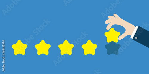 Five star rating selection system. Custumer review satisfaction review. Human hand finger put estimate. 5 Golden stars. Businessman hands pointing. Flat design. Blue background. Isolated.