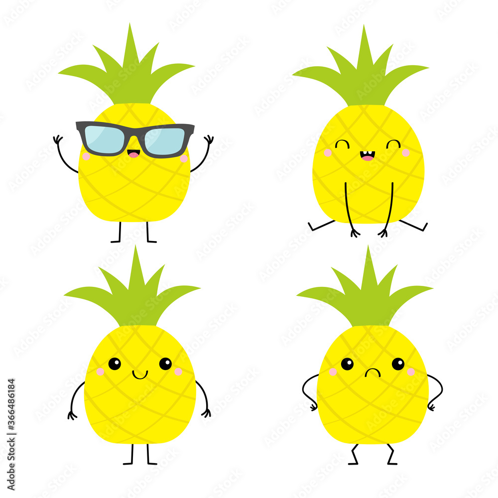 Pineapple fruit icon set. Cute cartoon kawaii smiling funny baby character. Hello summer. Happy, sad, angry, smiling emotions. Hands, legs. Sunglasses. Greeting Card. Flat design. White background.