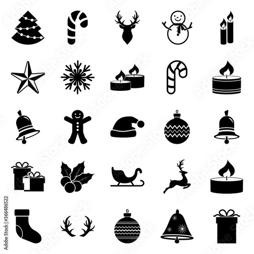 Set of Christmas stencil isolated on white. Collection icons. Deer, christmas ball, sledge, bell, candle, sweet, gift etc. Vector stock illlustration. EPS 10