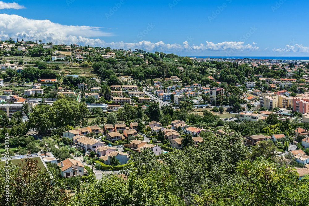 View of picturesque valley in Cote dAzur from Cagnes-sur-Mer. Cagnes-sur-Mer (between Nice and Cannes) - commune of Alpes-Maritimes department in Provence Alpes - Cote d'Azur region, France. Europe.