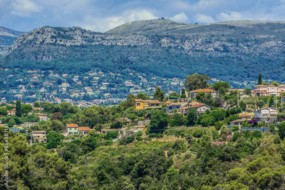 View of picturesque valley in Cote dAzur from Cagnes-sur-Mer. Cagnes-sur-Mer (between Nice and Cannes) - commune of Alpes-Maritimes department in Provence Alpes - Cote d'Azur region, France. Europe.