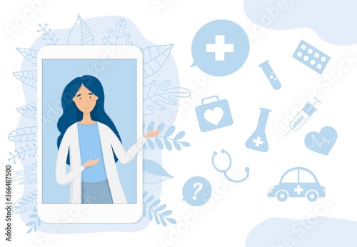 Vector flat colorful image of woman with long hair, online doctor service, lady in white medical gown, blue shirt and pants, in cellphone frame, with leaves decor, isolated on dark blue background