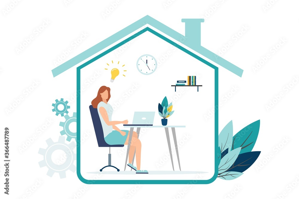 Vector illustration, work from home online, creative space, self-isolation, freelancer working on a laptop Vector illustration, work from home online, creative space, self-isolation, freelancer working on a laptop