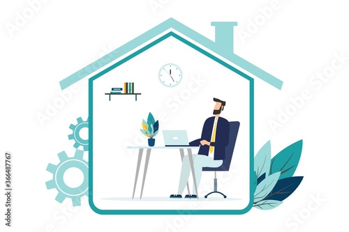 Vector illustration, work from home online, creative space, self-isolation, freelancer working on a laptop