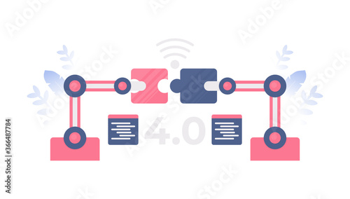 the concept of the industrial revolution 4.0, IoT, wireless. illustration of a hand machine trying to connect a puzzle piece. flat design. can be used for elements, landing pages, UI, websites.