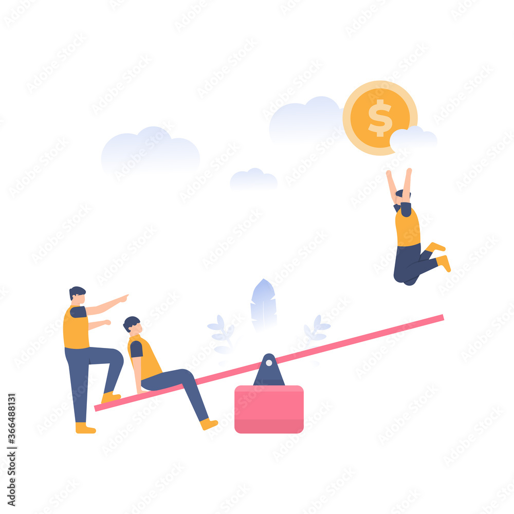 the concept of teamwork, mutual cooperation, capital and business, investment. illustration of a team using a seesaw to get a coin. flat design. can be used for elements, landing pages, UI, website