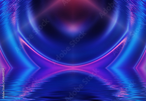 Abstract dark futuristic background. Neon rays of light are reflected from the water. Background of empty stage show  beach party. 3d illustration