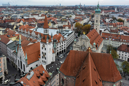 Aerial view to historical center with Old Town Hall and Heiliggeistkirche in Munich, Bavaria, Germany. October 2014