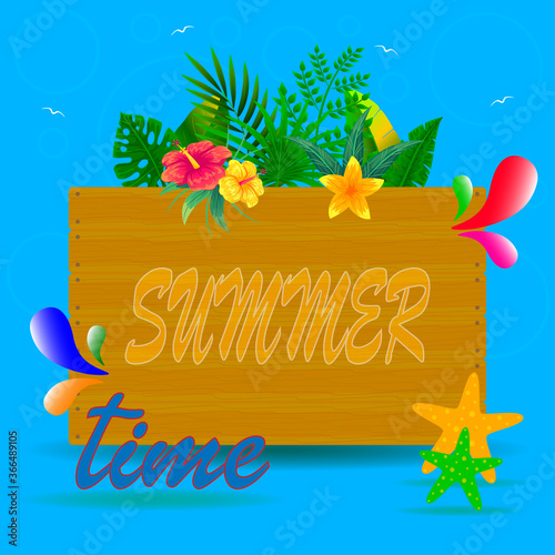 Summer time with tropical leaves background vector illustration