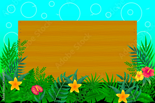 Tropical leaves background with wooden board vector illustration