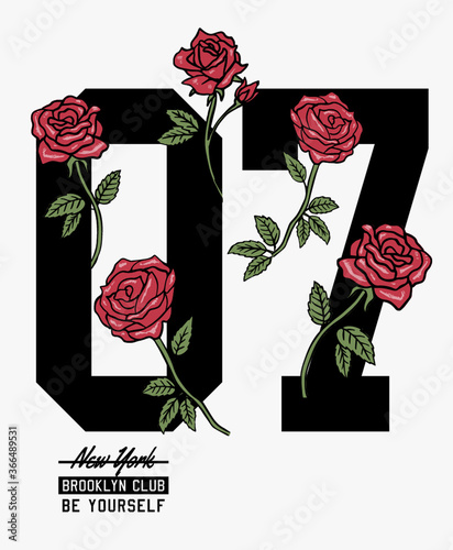 College number with vector roses illustrations for t-shirt and other uses.