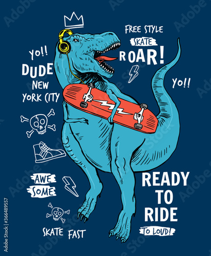 Skater dinosaur vector illustration with slogans, for t-shirt prints  and other uses.
