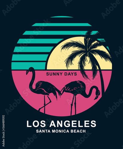 Santa Monica beach in Los Angeles text with flamingo birds and a palm tree. Vector illustration for t-shirt print and other uses.