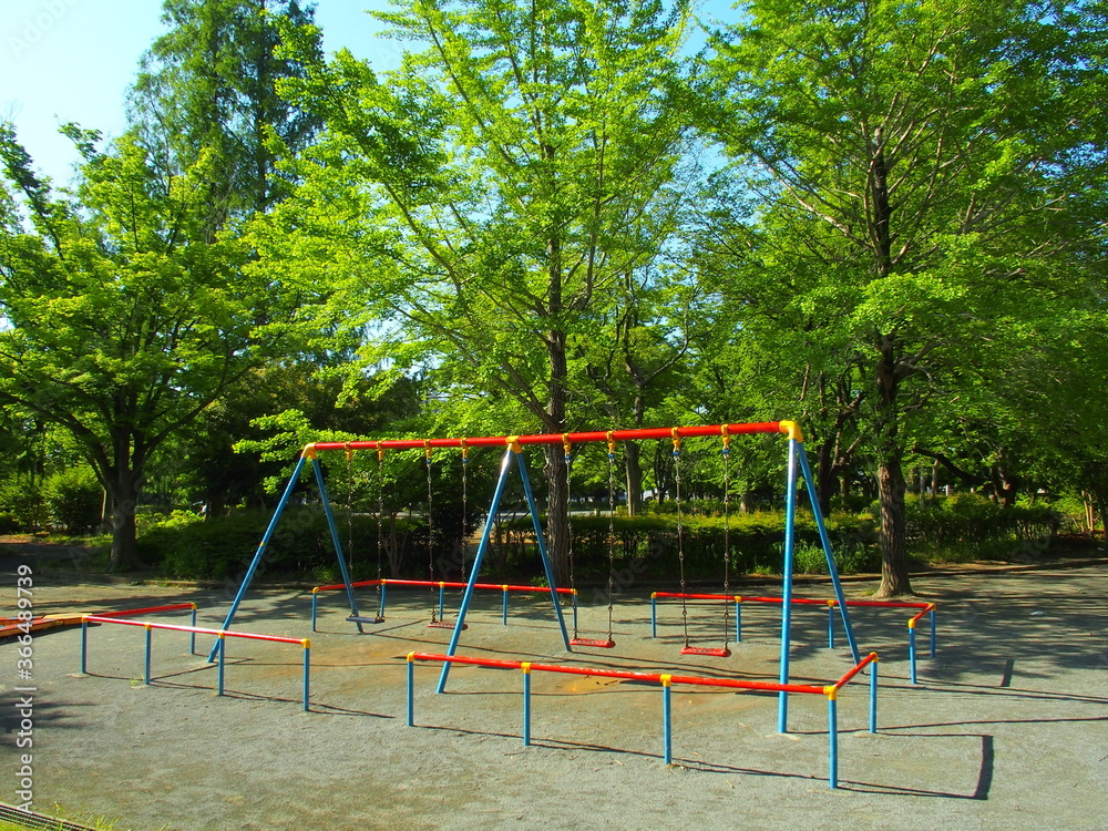 ブランコのある初夏の朝の公園風景 ブランコのある初夏の朝の公園風景