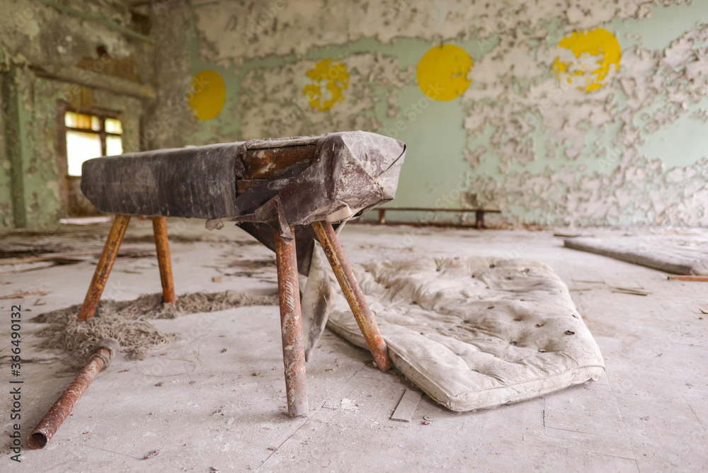 old jumping pony in destroyed gym in Pripyat