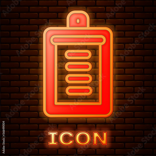 Glowing neon Clipboard with checklist icon isolated on brick wall background. Control list symbol. Survey poll or questionnaire feedback form. Vector.