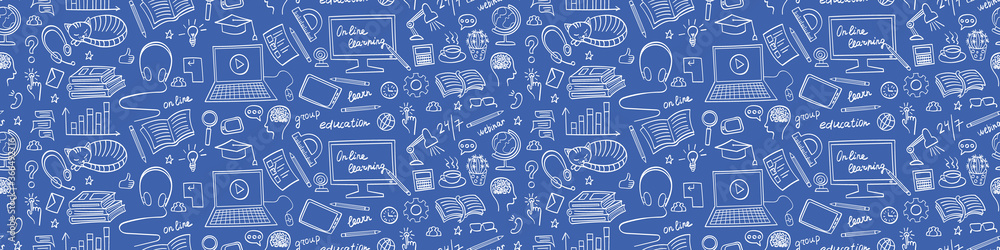 Online education seamless border. Distance learning doodles on blue ...
