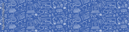 Online education seamless border. Distance learning doodles on blue background. Vector illustration.