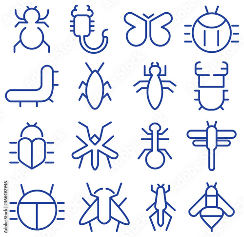 Collection set of icons of various common insects