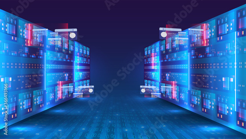 Server room and big data processing concept, digital information technology, neon blue gradient. Concept of big data storage and cloud computing technology. Digital information warehouse. Web hosting
