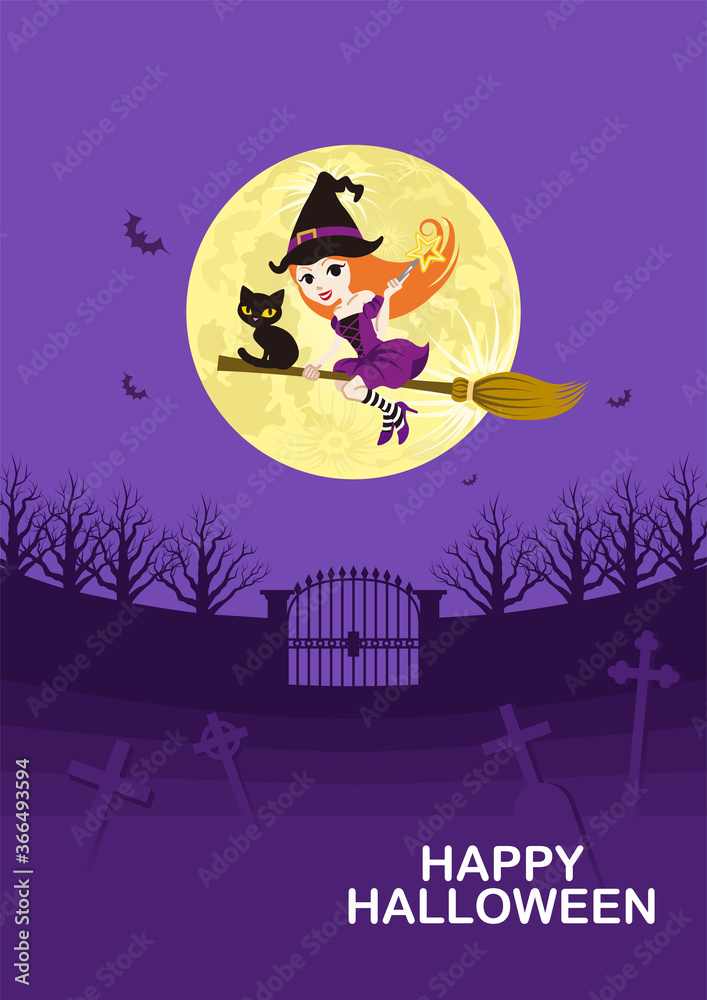 Cute witch with black cat flying by broom in spooky graveyard at full moon night - vertical