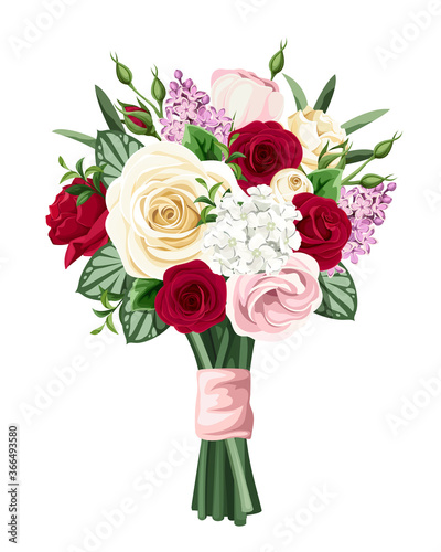 Vector bouquet of red, pink and white roses, lisianthuses and lilac flowers isolated on a white background.