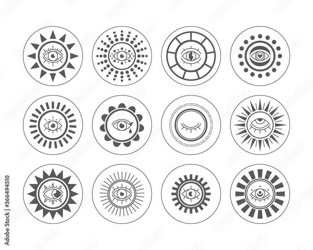 Abstract outline Suns or moons with Eyes. Minimalistic round Icons. Astrology esoteric mystic concept. Elegant geometric design. Trendy Vector Set. Simple design. All elements are isolated