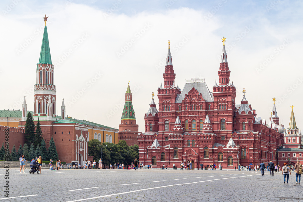 View of Red square with the Historical Museum and the Kremlin's Nikolskaya tower