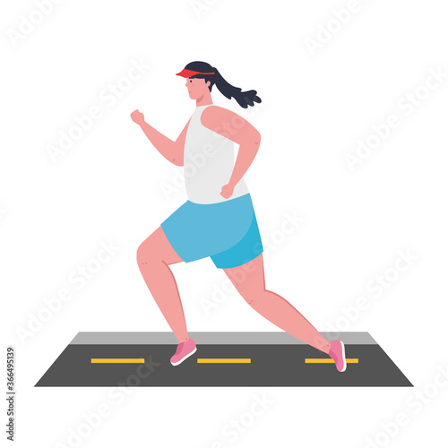 woman running on highway, woman in sportswear jogging, female athlete on white background vector illustration design