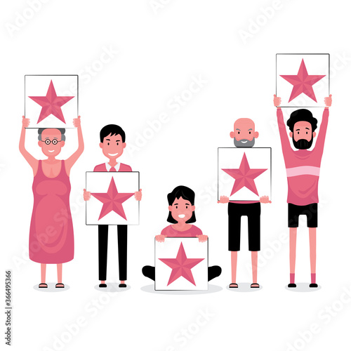 Good feedback with 5 star service feature people holding a star card in pink