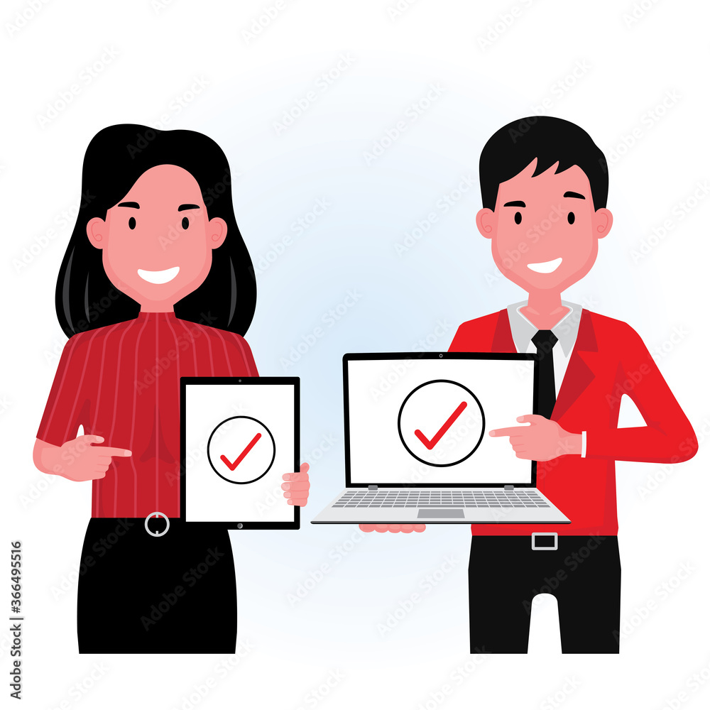 Fototapeta premium achieve goal picture feature and man and woman standing next to each other holding a computer with a correct sign