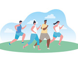 people running outdoor, young people in sportswear jogging in park vector illustration design