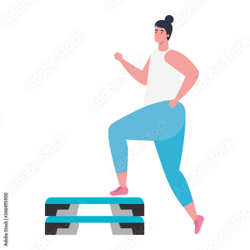 young woman in sportswear, sports training on step plafform vector illustration design