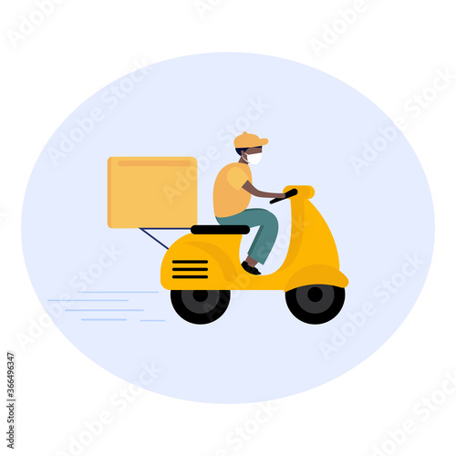 Courier bicycle delivery man with parcel box on the back. Ecological city bike delivering service illustration with modern cyclist carrying package.